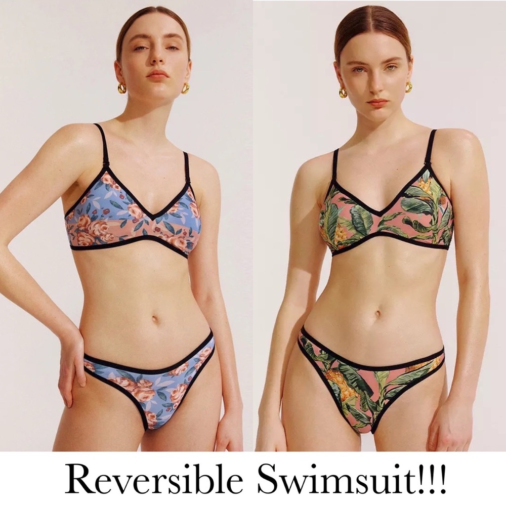 Boho Blue and Pink Floral Reversible Tropical Bikini
